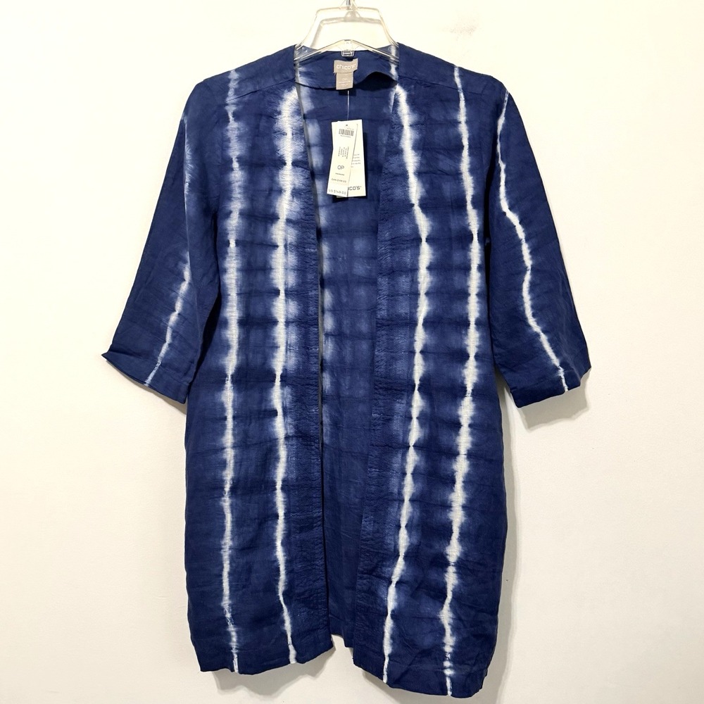 Chicos Open Kimono 0P Linen 4 Petite Tie Dye Bohemian Relaxed Fit Cardigan NEW